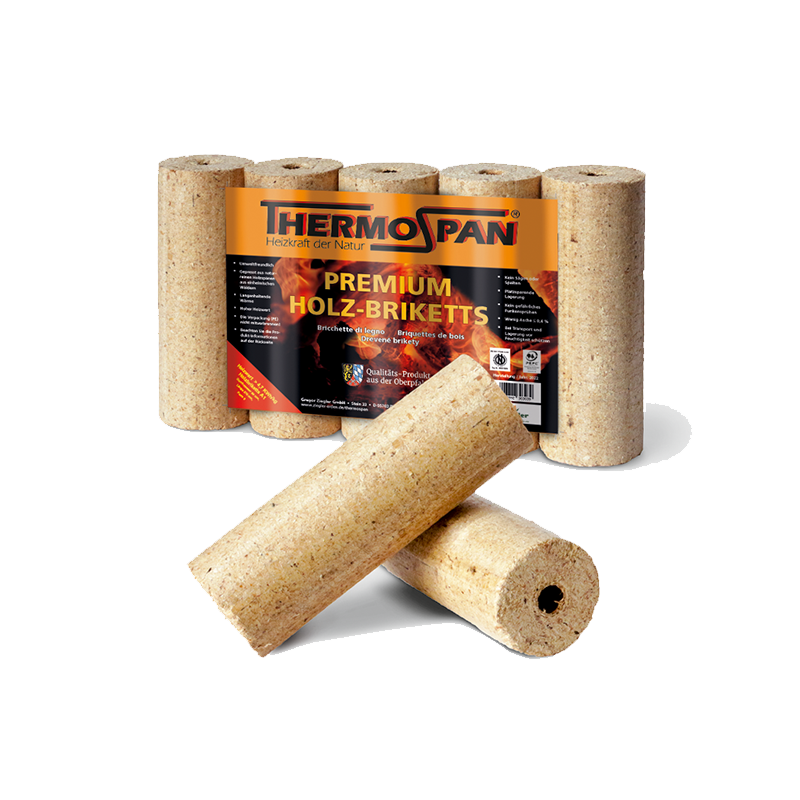 Thermospan® Holzbriketts – 960 kg – 96 × 10 kg – rund mit Zugloch